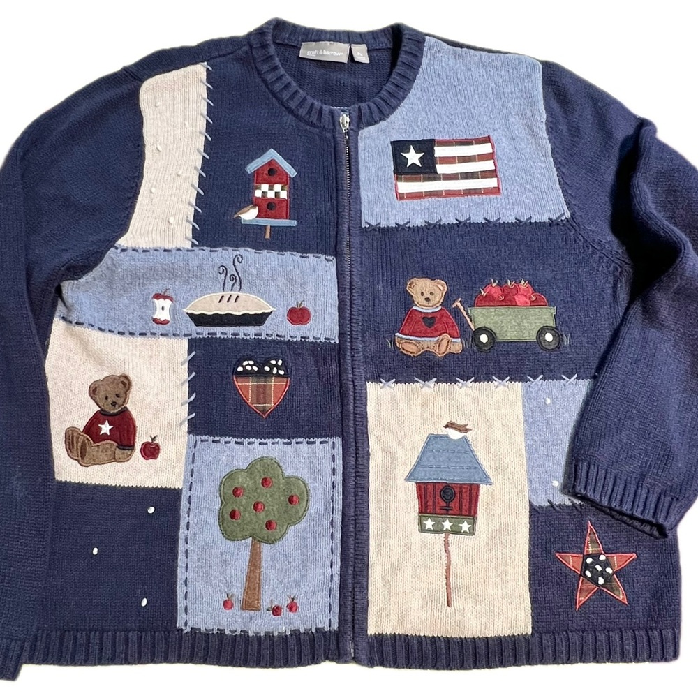 VINTAGE American‎ apple pie patriotic graphic knit sweater cardigan teddy bear